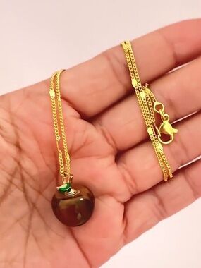 18K Gold Plated protection Tiger eye natural stone apple necklace. New